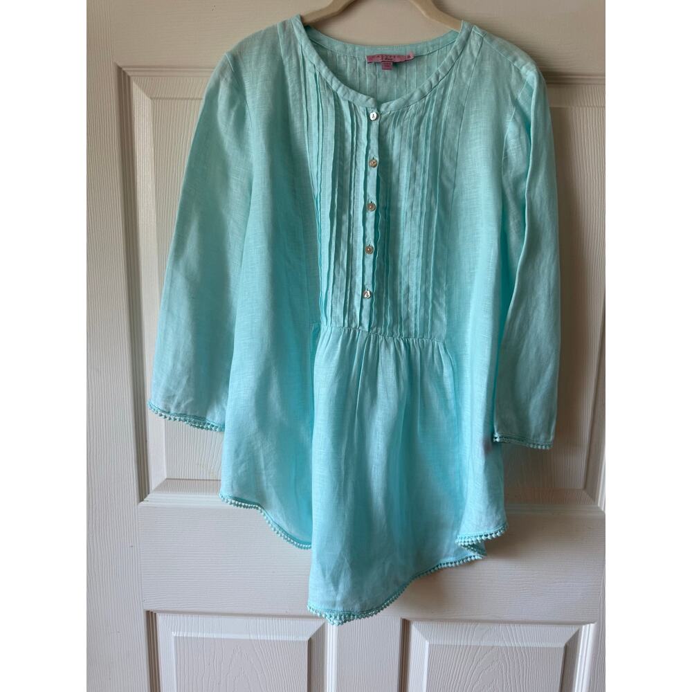 Calypso‎ St. Barth Aquamarine 100% Linen Boho Tunic Top Pom Pom Trim Size S